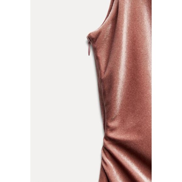 Pink Zara Asymmetric Neck Gathered Ruched Side Slit Sleeveless Midi Dress (NWT) - Picture 3 of 8